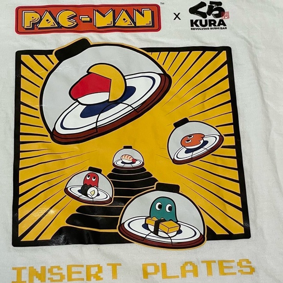 Kura Sushi Pac-man video game Insert Plates graphic t-shirt in white doublesided - Picture 3 of 10